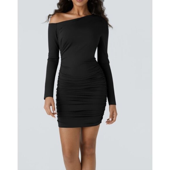 Halara Off Shoulder Long Sleeve Ruched Bodycon Party Dress Sz Medium Womens Blac - Picture 1 of 10